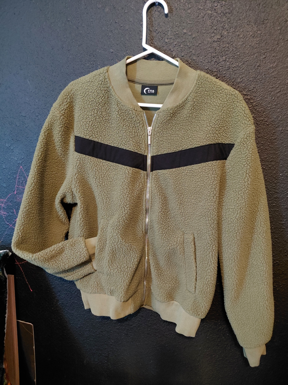 Women's Olive Sherpa Bomber Jacket with Black Chevron